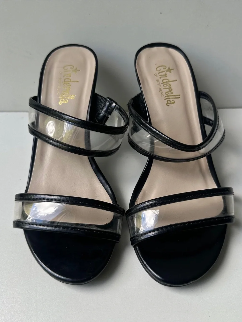 Cinderella of Boston Black Clear Strap Mule Heels Women's Size 4.5
